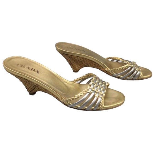 PRADA Gold/Silver Woven Sandals Size 7 - Picture 1 of 8